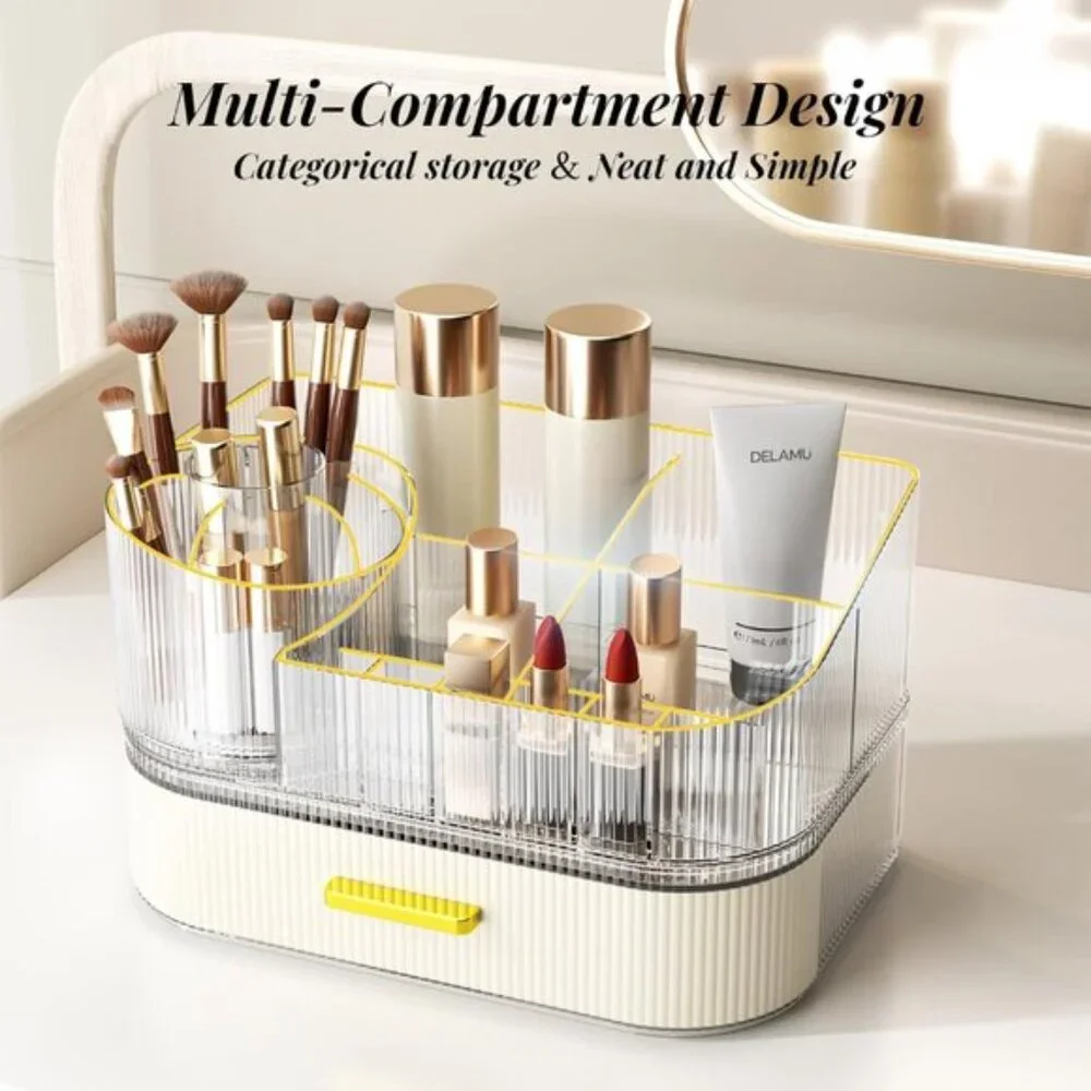 Makeup Organizer with Stackable Drawers, 360° Rotating Vanity Storage - White